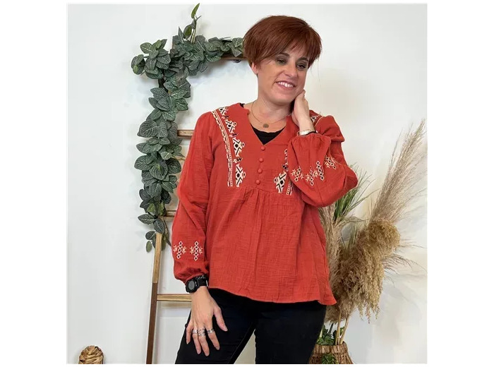 K769- Blouse coton brodée (T36-t40) (rouille)