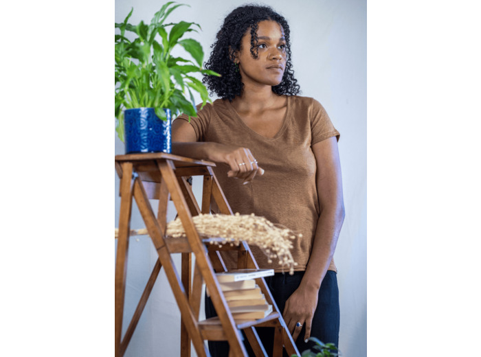 T shirt en lin bio col V femme - bronze