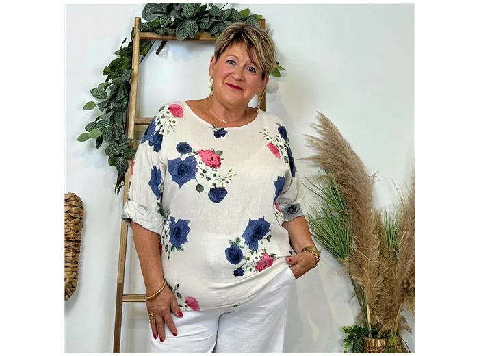 Z151- Tunique coton "FLEURS" (Gt) 🇮🇹 (beige)