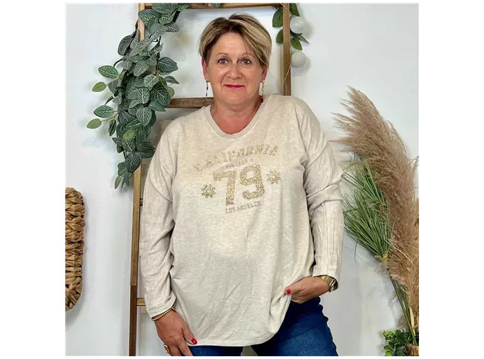 Z137- Pull femme grande taille motif doré Californie 79 (beige)