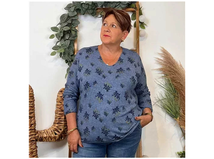 Z128. Pull imprimé "Coraux" (GT) 🇮🇹 (bleu jeans)