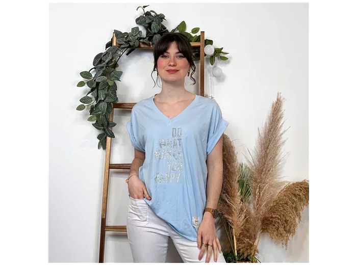 K295- T-shirt Happy (Tu) (bleu ciel)