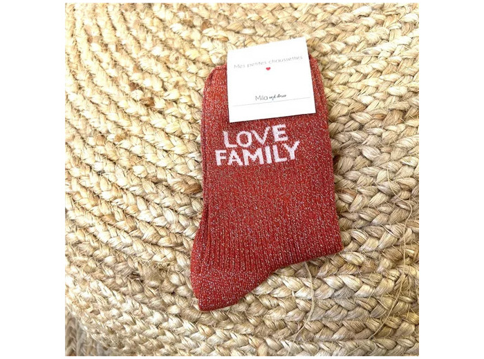 V327-Chaussettes paillettes "Love Family" (rouge)