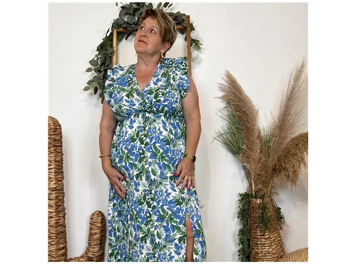 K320- Robe longue feuilles (T40-T48) (bleu royal)