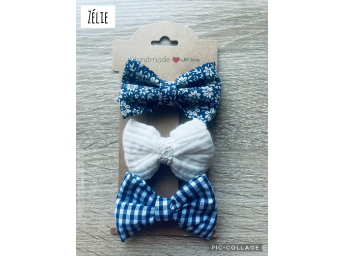TRIO BARRETTES NOEUD FILLE "ZELIE", PINCES CHEVEUX
