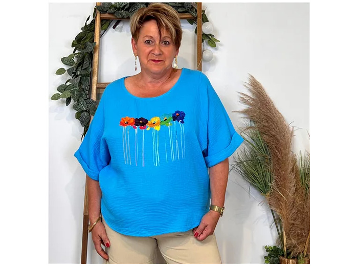 K206- Tunique coton "Coquelicots" (Tu) 🇮🇹 (bleu turquoise)