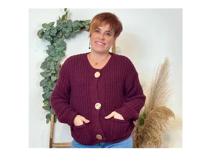 K678- Gilet Grosse Maille bouton doré (Tu) (bordeaux)