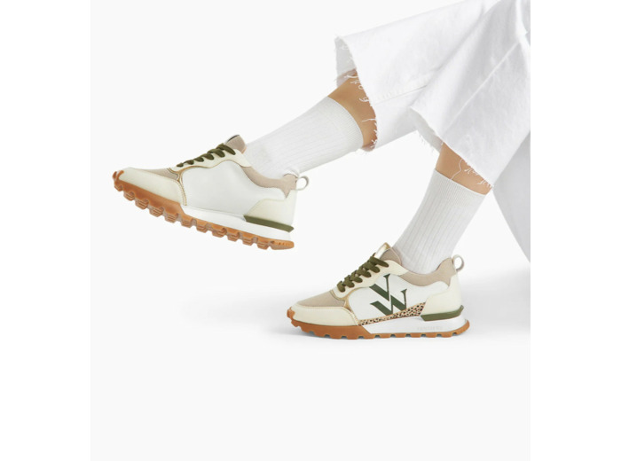 Baskets monogramme beige et kaki à semelle running -  Adèle - Vanessa Wu