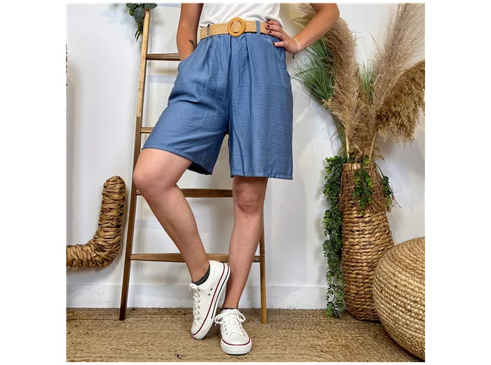 L727- Short Flou Ceinture (Tu) (bleu indigo)