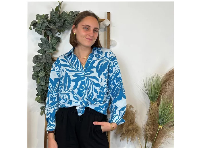 M582- Chemise imprimée Orchidées (T36-T42) (bleu indigo)