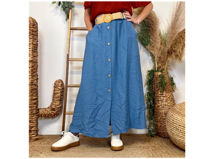 L728- Jupe boutonnée ceinture (Tu) 🇮🇹 (bleu jeans)