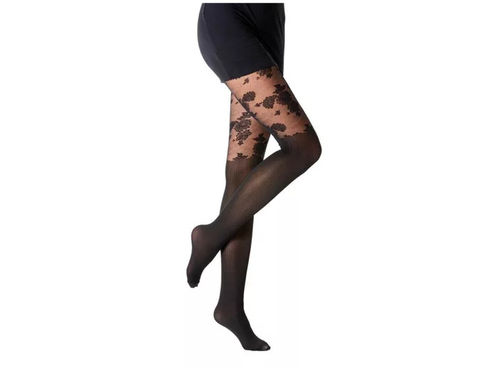 V372- Collant Bas-Fleurs H-N (noir)