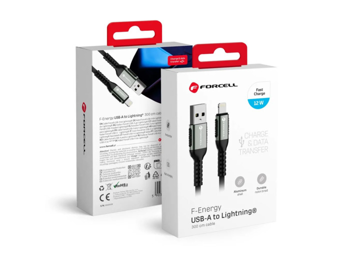 FORCELL F-ENERGY Câble nylon tressé USB-A vers Lightning 2,4A 12W 3m