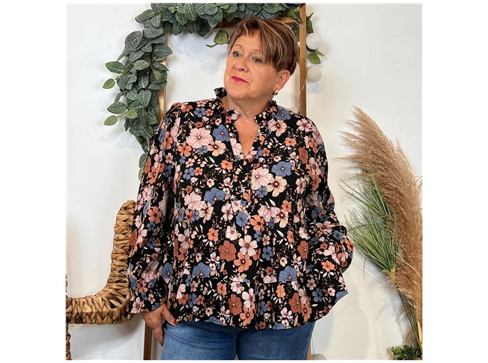 K093- Blouse By One fleurie (T40-T48) (noir)