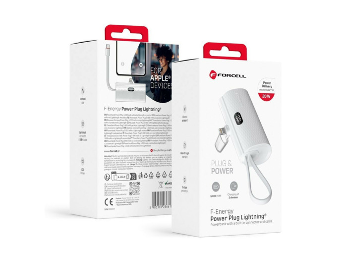 FORCELL F-ENERGY Batterie externe avec câble USB-C et connecteur Lightning intégré 5 000mAh 20W
