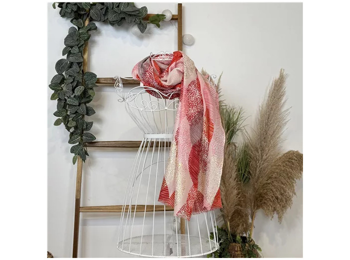 Y527- Foulard Grandes Feuilles doré (rouge)