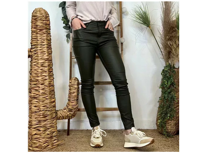 O089- Jean coupe slim Enduit (T36-T44) (kaki)