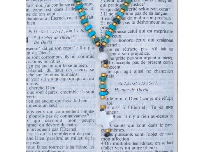 Chapelet de téléphone jaspe bleu, nacre et perles de verre Miyuki or