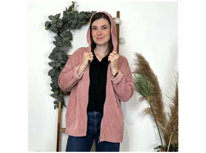 K103- Veste cotelée capuche (Tu) (rose poudré)