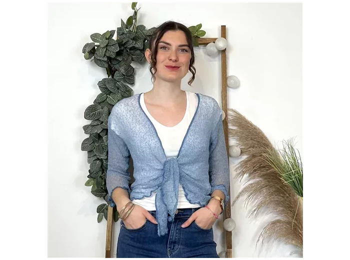 K541- Gilet ajouré à nouer Coline (Tu) (bleu ciel)