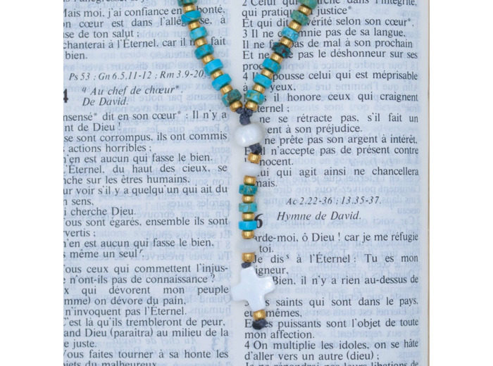Chapelet de téléphone jaspe bleu, nacre et perles de verre Miyuki or