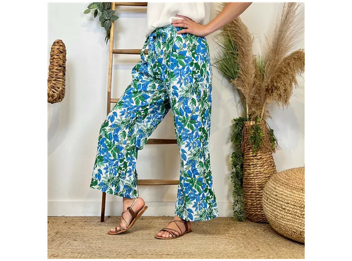 L787- Pantalon Flou "Feuilles"(T36-T40) (bleu)