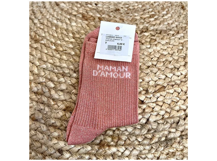 V315- Chaussettes paillettes "Maman d'Amour" (rose poudré)