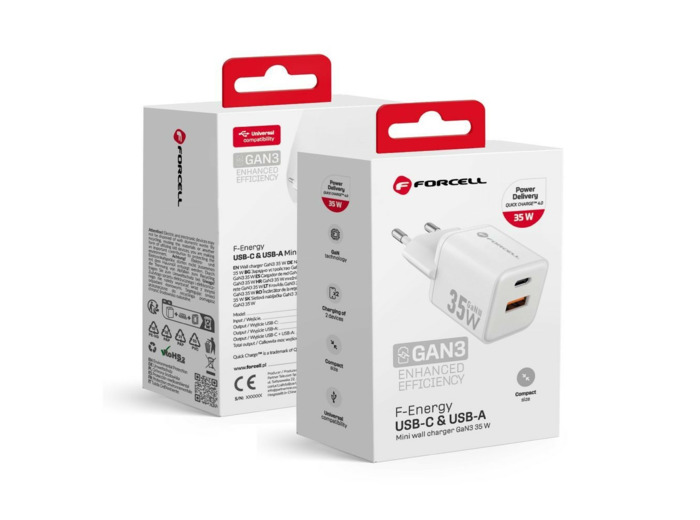 FORCELL F-ENERGY Mini chargeur blanc compacte GaN3 35W USB-C USB-A