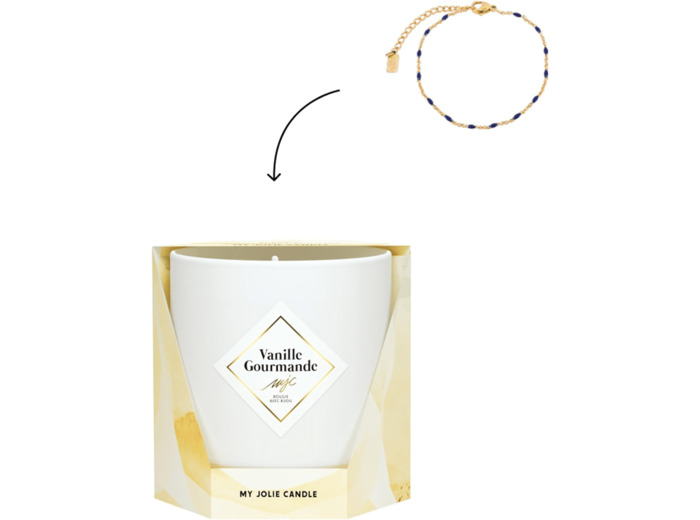 MY JOLIE CANDLE - Bougie Parfumée Vanille - Bijou Surprise Bracelet Noir - Cadeau Femme Maman - Cire Naturelle Végétale - Parfum Français - Mèche Coton