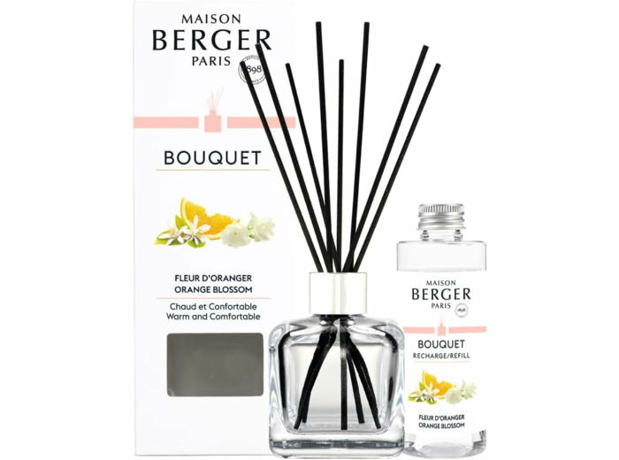 MAISON BERGER - Bouquet Parfumé - Modele Glaçon Transparent - 6 Brins Noirs - 21 cm - Recharge de 100 millilitres Incluse - Durée de Diffusion 4 à 6 semaines (Fleur d'Oranger)