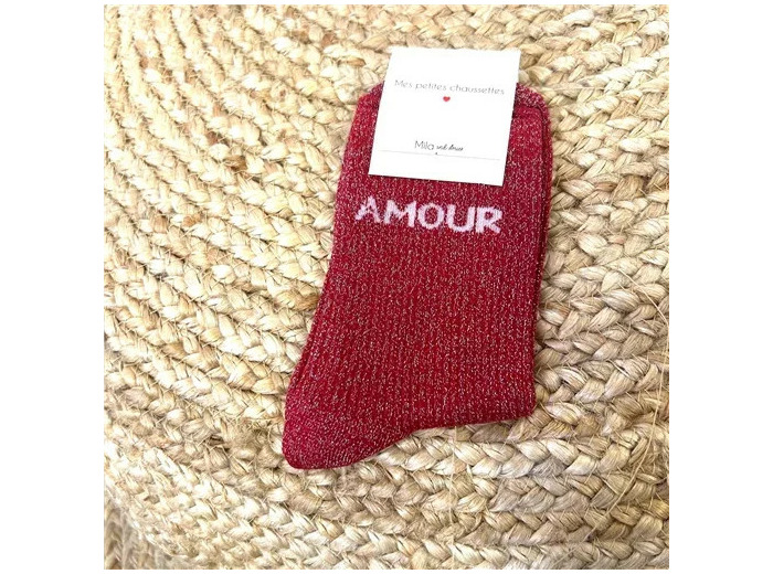 V329- Chaussettes paillettes "Amour" (bordeaux)
