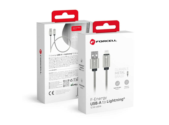FORCELL F-ENERGY Câble métal charge rapide USB-A vers Lightning 2,4A 12W 1m