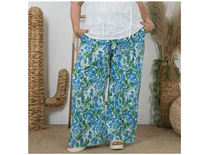 L787- Pantalon Flou "Feuilles"(T40-T48) (bleu turquoise)