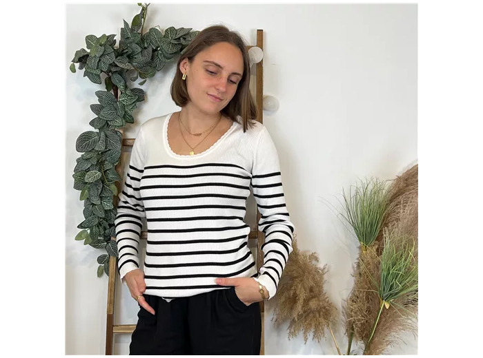 L354- Pull marinière cotelé fantaisie (Tu) (ecru)