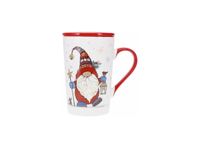 KIUB Grand mug NOEL avec couvercle - motif lutin coquin fetant Noel - matière porcelaine fine - contenance 400ML