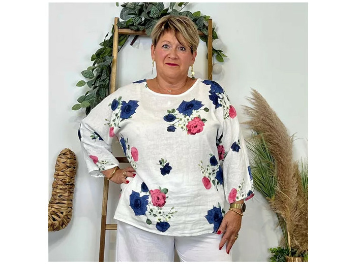 Z151- Tunique coton "FLEURS" (Gt) 🇮🇹 (blanc)