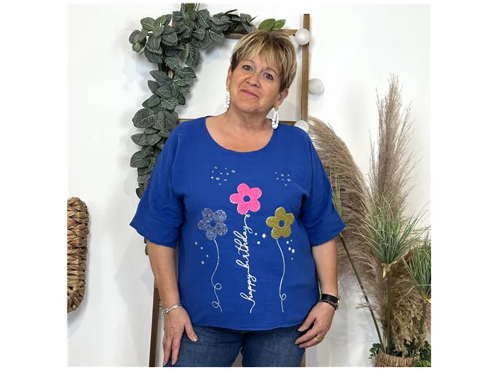 L467- Tunique 3 Fleurs Happy (Tu) 🇮🇹 (bleu royal)