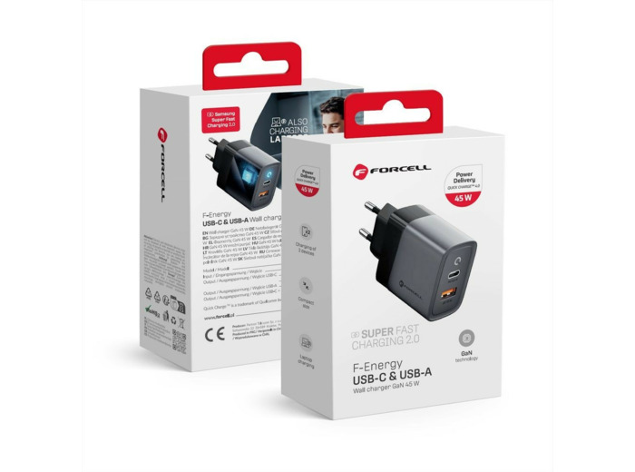 FORCELL F-ENERGY Chargeur super rapide GaN3 2.0 45W USB-C USB-A