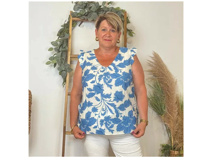 K750- Top Christy Fleuri (T44-T52) (bleu jeans)