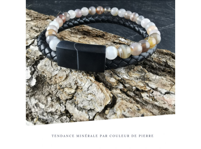 Bracelet Homme Cuir Double Agate du Botswana