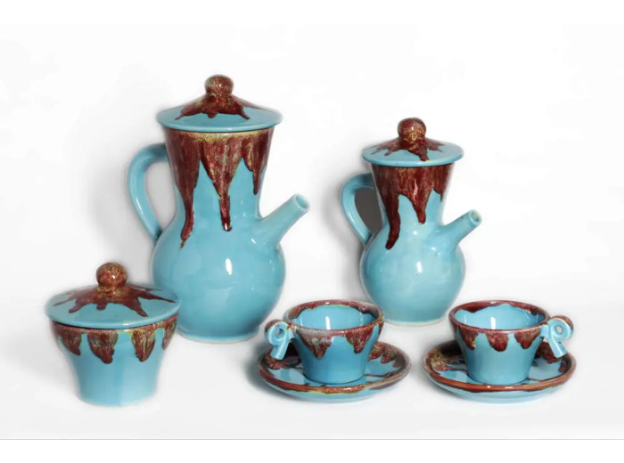 Service à café Vallauris complet (non signé)  8 tasses - 12 sous tasses - cafetière - pot à lait - sucrier
