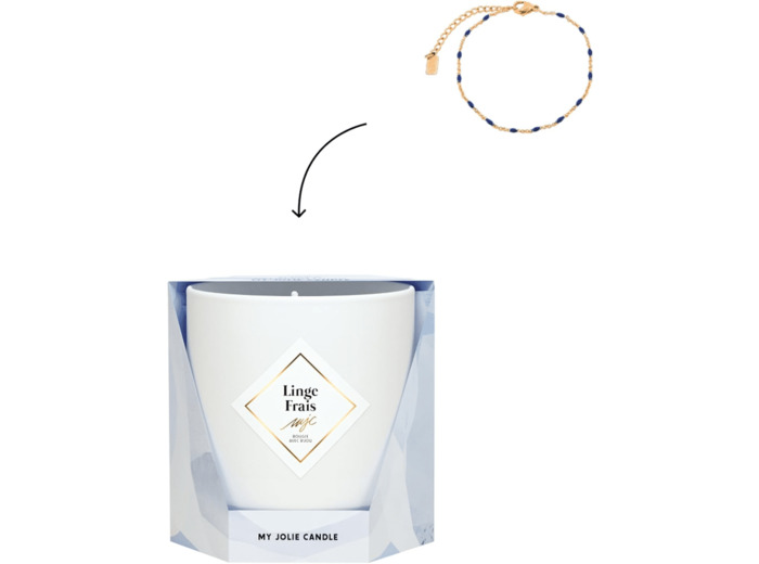 MY JOLIE CANDLE - Bougie Parfumée Linge Frais - Bijou Surprise Bracelet Noir - Cadeau Femme Maman - Cire Naturelle Végétale - Parfum Français - Mèche Coton