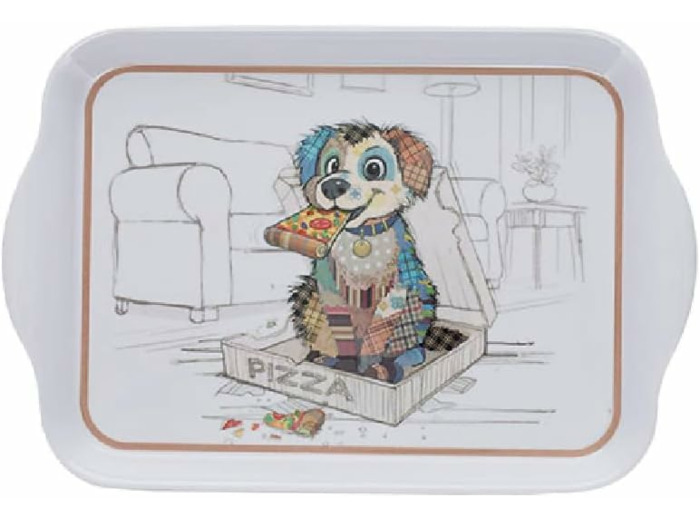 Mini Plateau avec des Animaux - Motif Chiot Mangeant Une Pizza- mélamine de qualité - Taille Mini 14 * 21 CM
