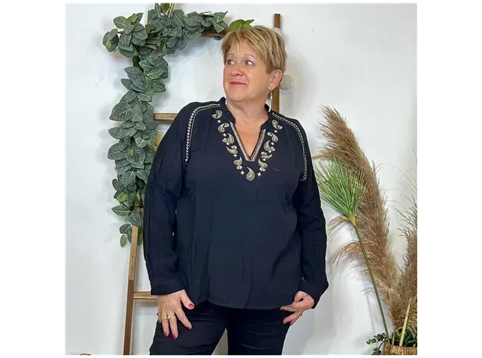 K789- Blouse Coton brodée (T40-T48) (noir)
