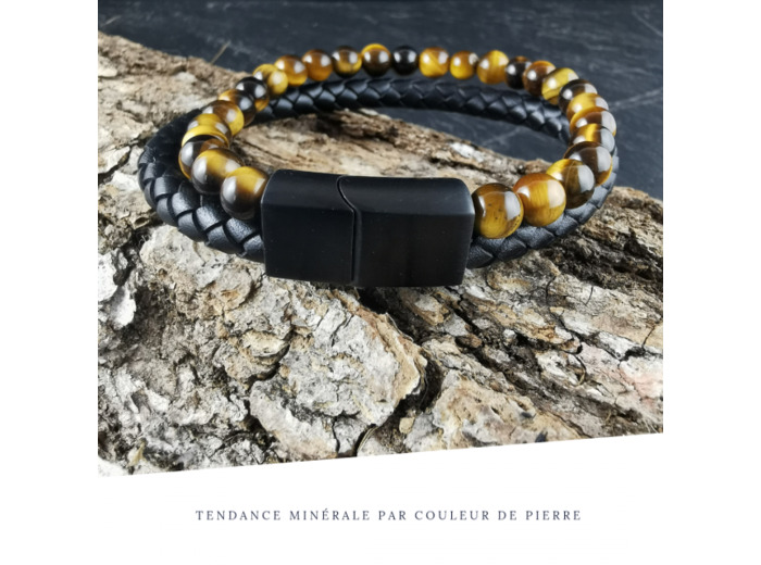 Bracelet Homme Cuir Double Oeil de tigre