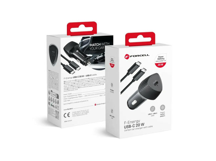 FORCELL CARBON chargeur de voiture Type C 3.0 PD20W CC50-1C (Total 20W) + câble pour Type C PD60W