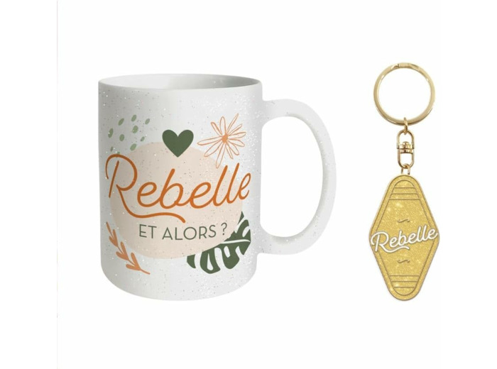 STC coffret mug et porte clés pailettes "Rebelle"