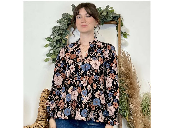 K036- Blouse By One imprimé floral (noir)