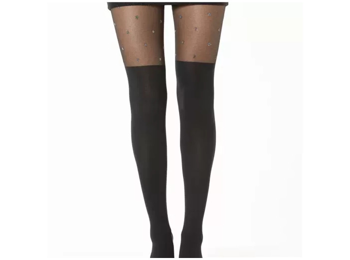 V343- Collants effet bas & strass (Tu) (noir)