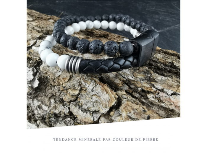 Bracelet Homme Cuir Double avec apprêt Howlite et Pierre de lave